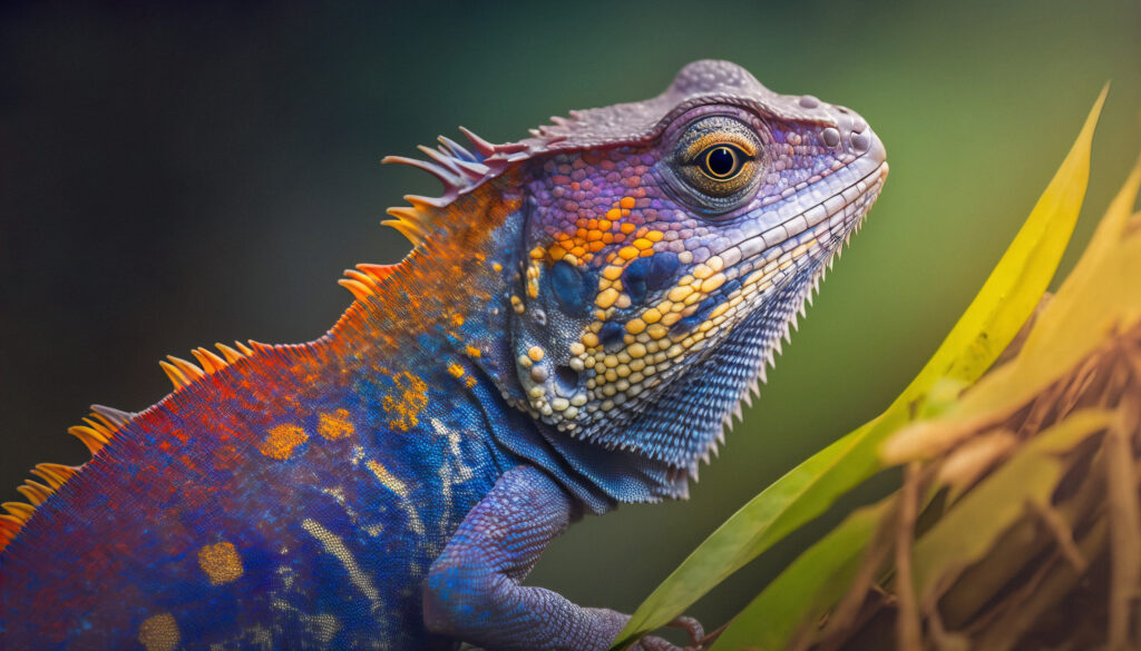 Colorful iguana. Iguana close-up macro portrait photo. Vivid bright colors skin.Posing for the camera, beautiful natural wildlife