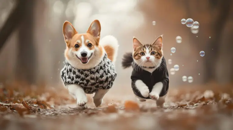 large brown maine coon cat sitting next to a golden retriever