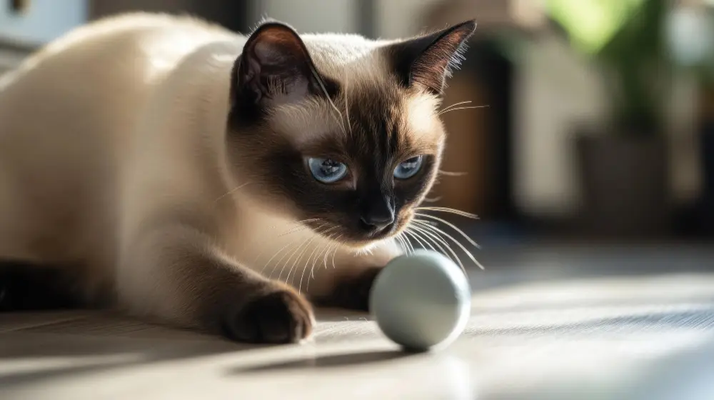 Tonkinese cat fetching a small toy ball